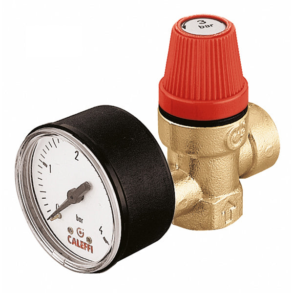 Caleffi 313 Series 3 Bar Pressure Relief Valve with a gauge, featuring a red top and a black dial on the gauge.